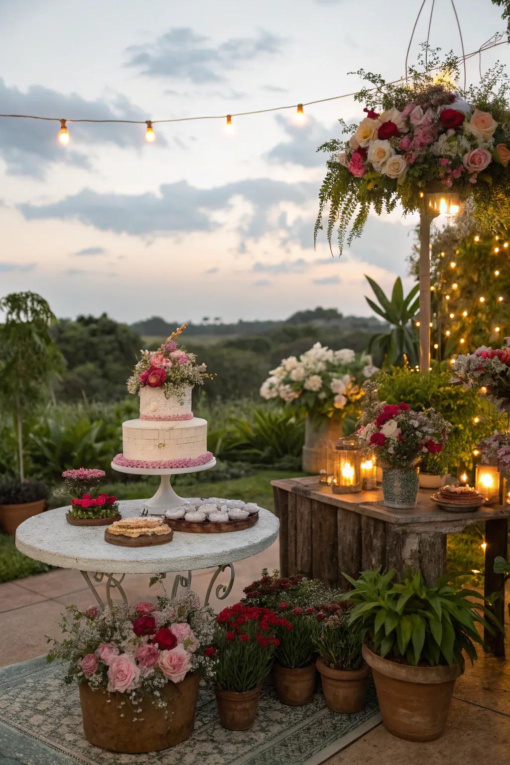 A dessert showcase enclosed by garden elements, establishing an eccentric and captivating atmosphere.