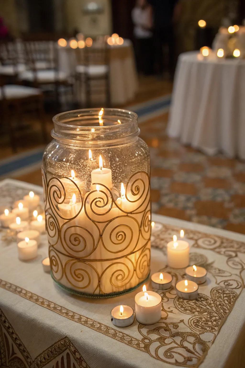 Decorative swirling candle arrangement in a vessel.