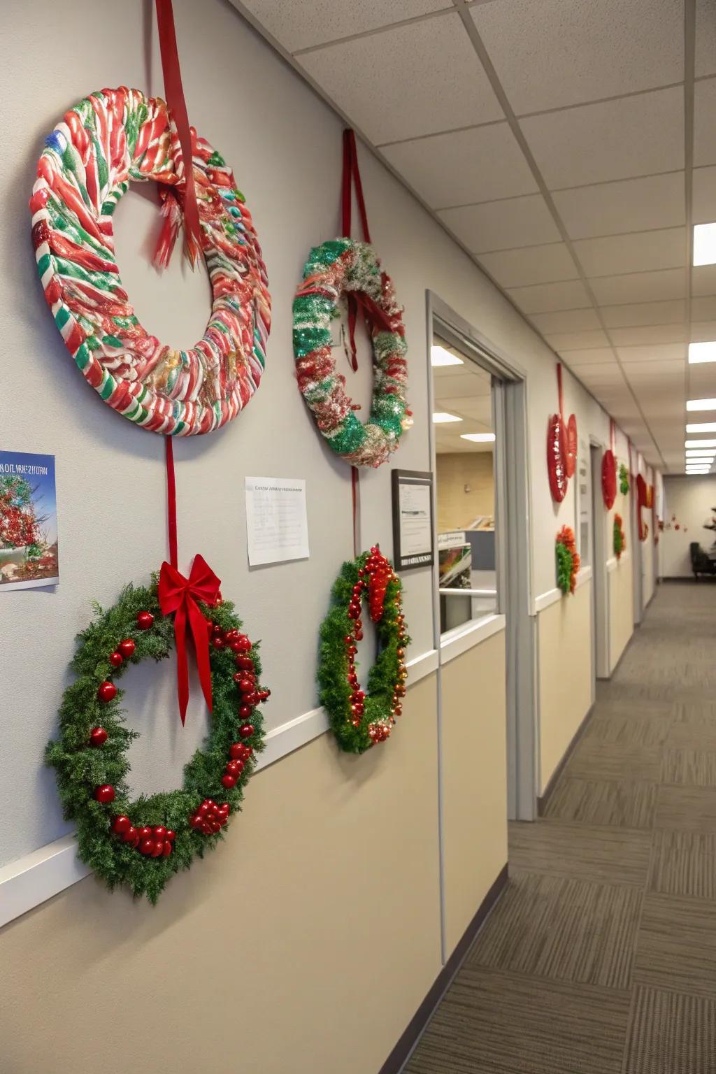 Festive focal points with striped wreaths.