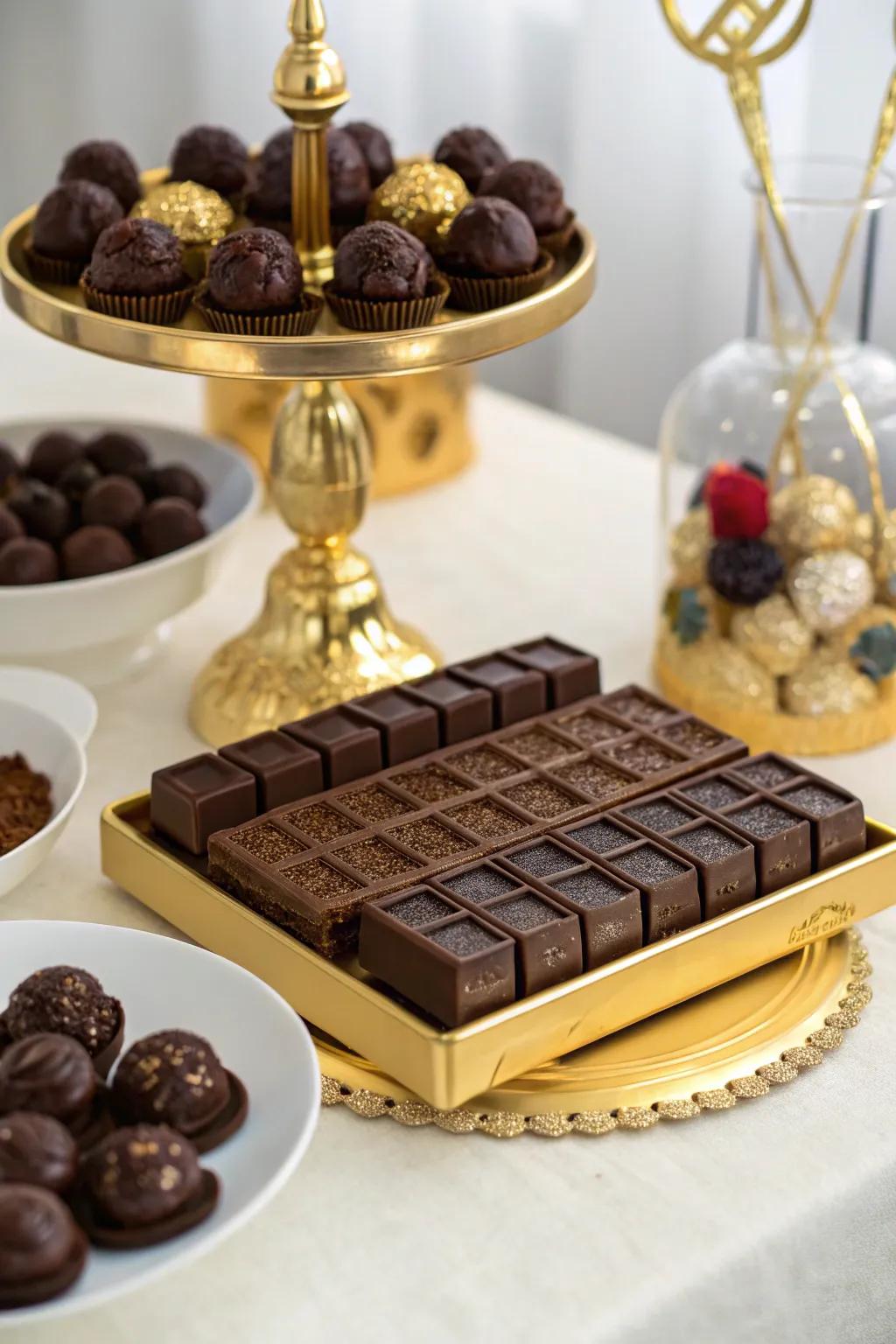 A luxurious cocoa candy presentation, rich with sumptuous treats and elegant decor.