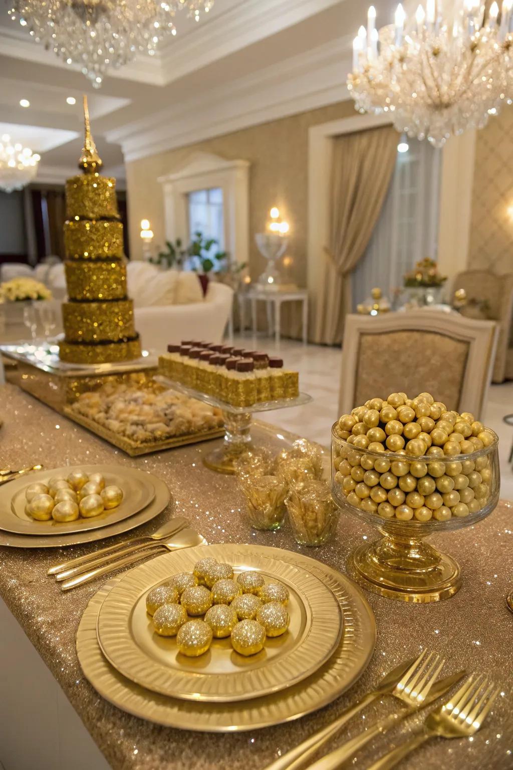 A glamorous gold candy table for a touch of luxury.