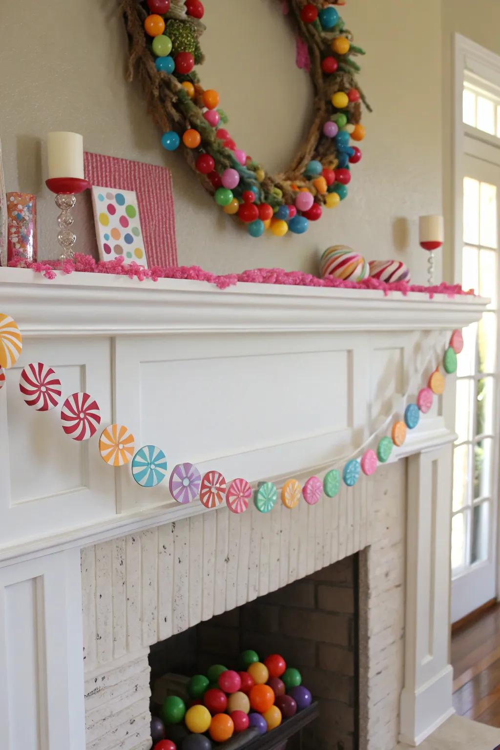 A candyland swag introduces a whimsical flair to the mantelpiece.