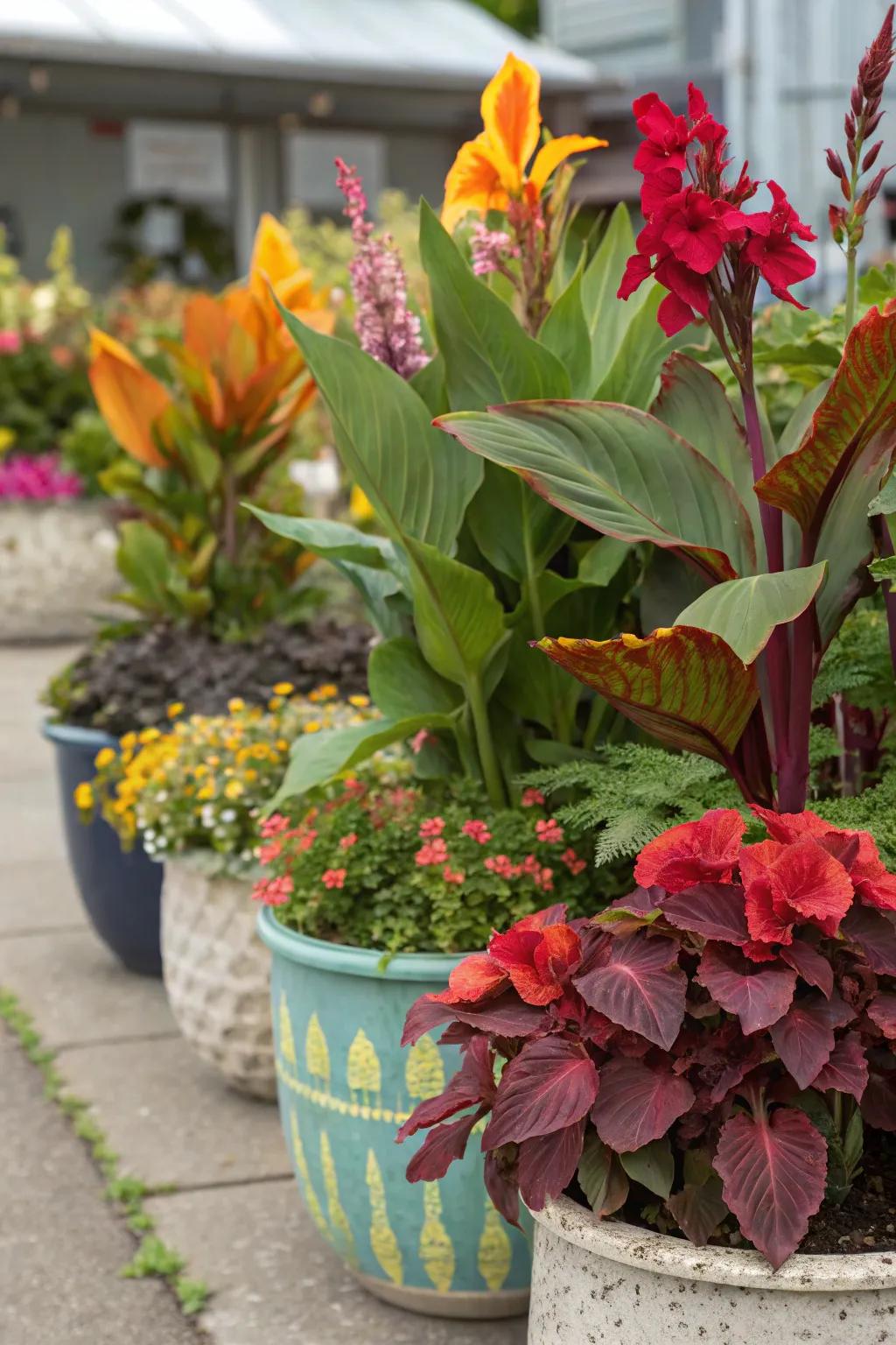 An artistic mix of majestic blooms, coleus, and begonias.