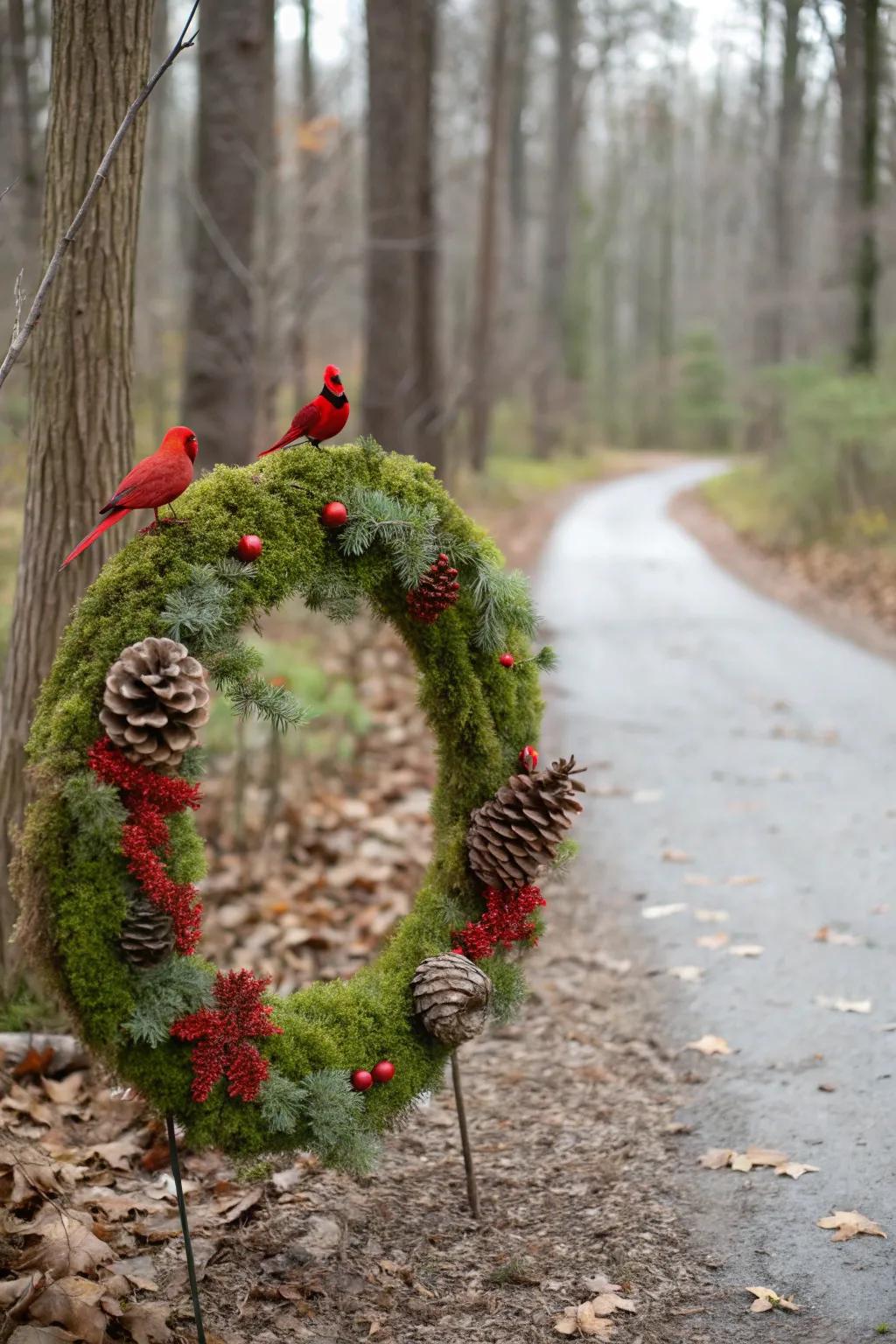 A woodland-inspired wreath featuring cardinals, providing a natural essence.