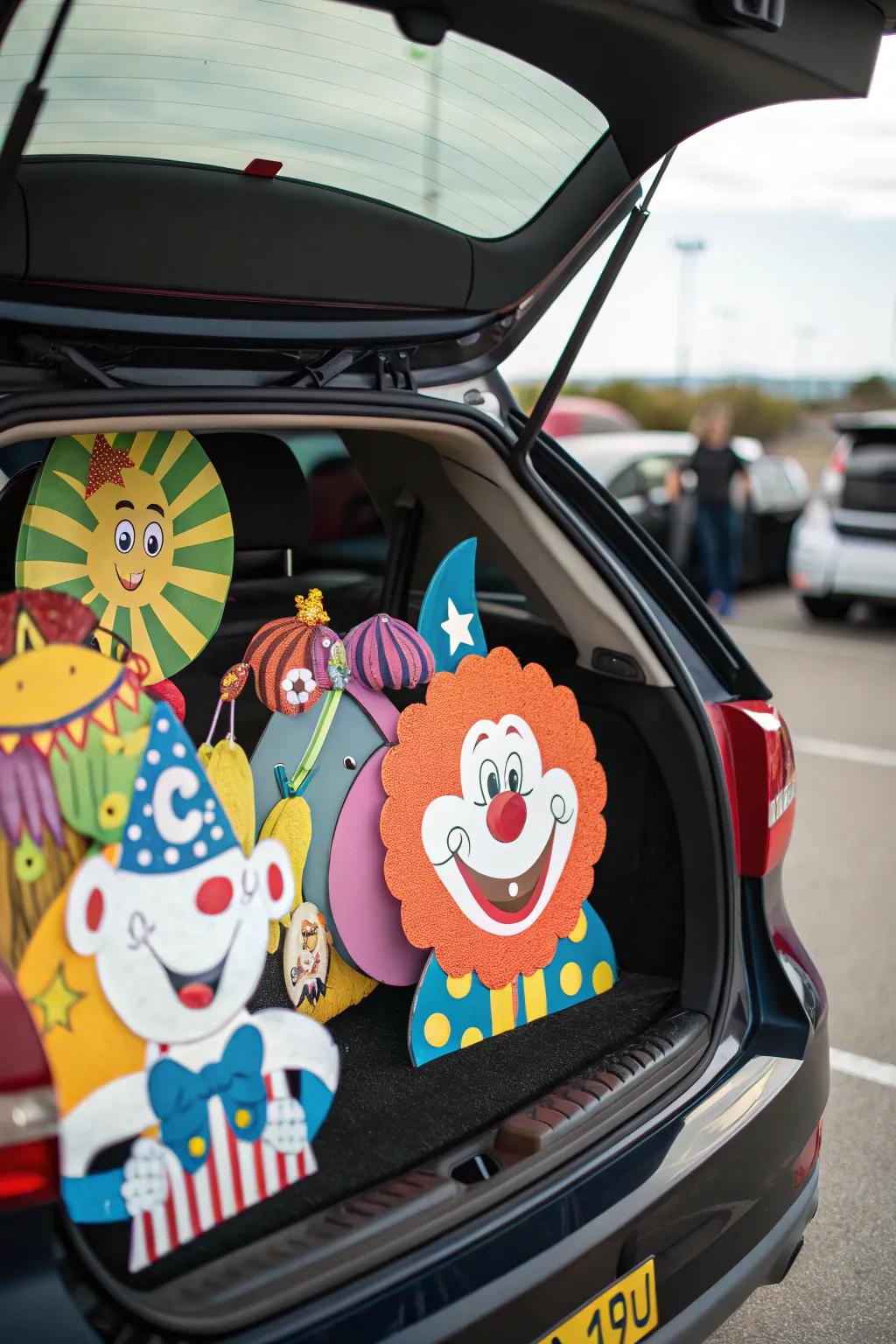 A playful trunk featuring figure cutouts, which adds personality to the fair theme.