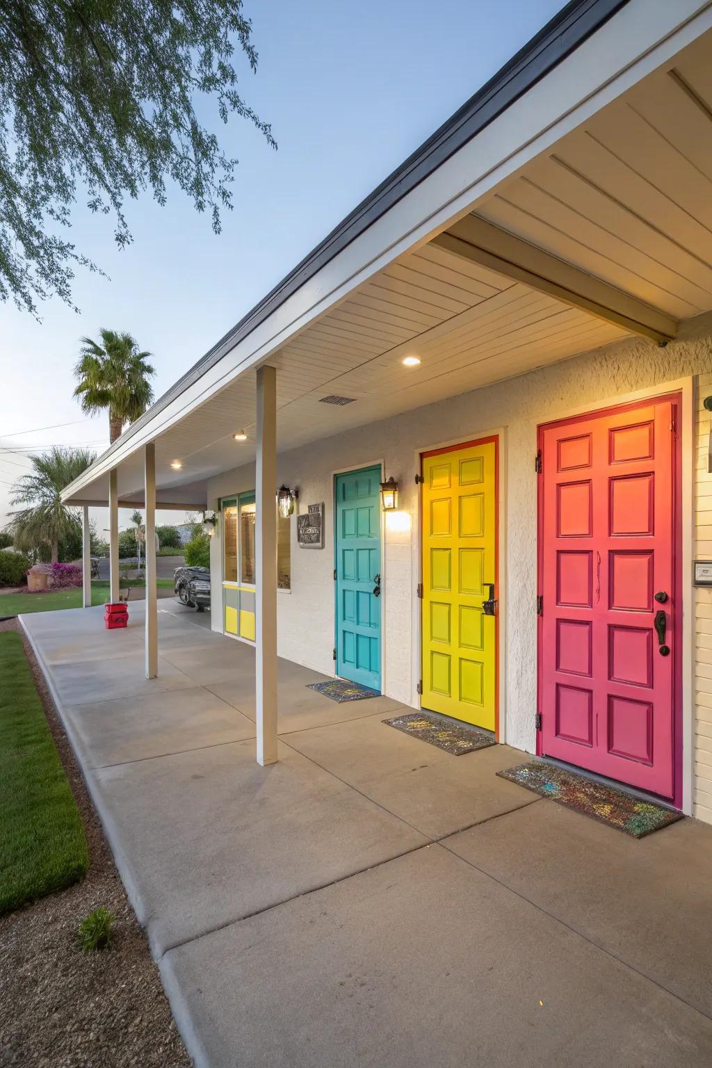A vibrant carport with colorful door decor, showing personalized style.