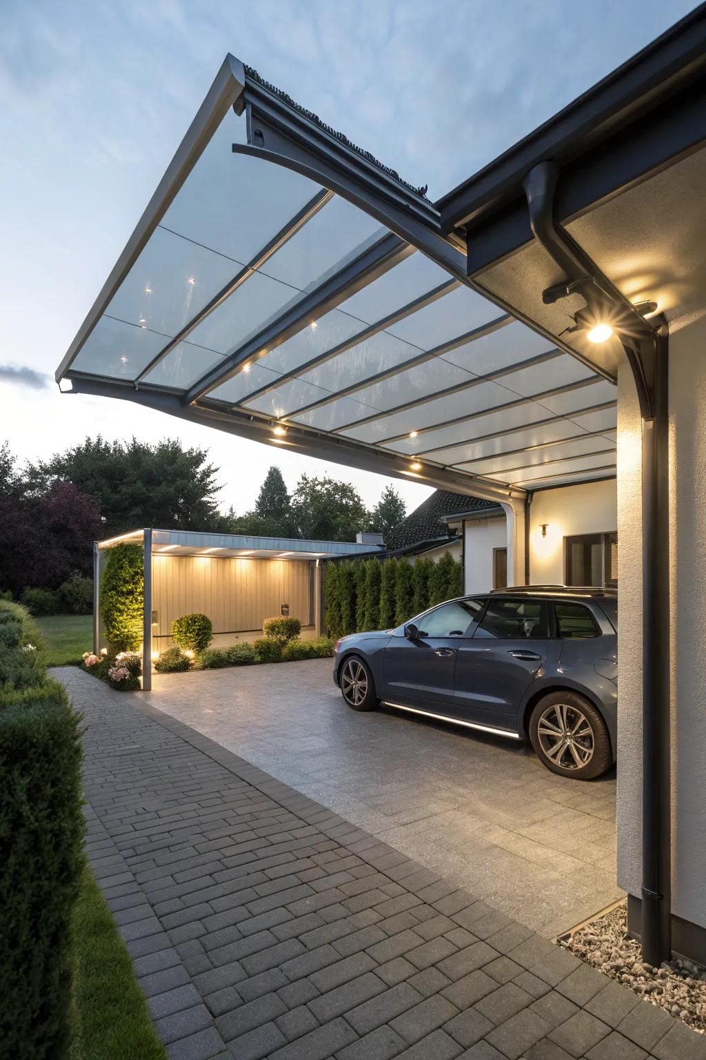 A carport with a retractable top, offering versatility and current convenience.