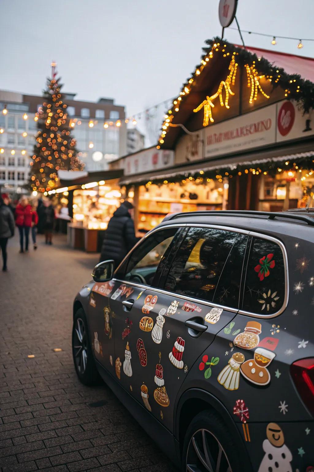A car with gingerbread decals, bringing a sweet holiday touch.