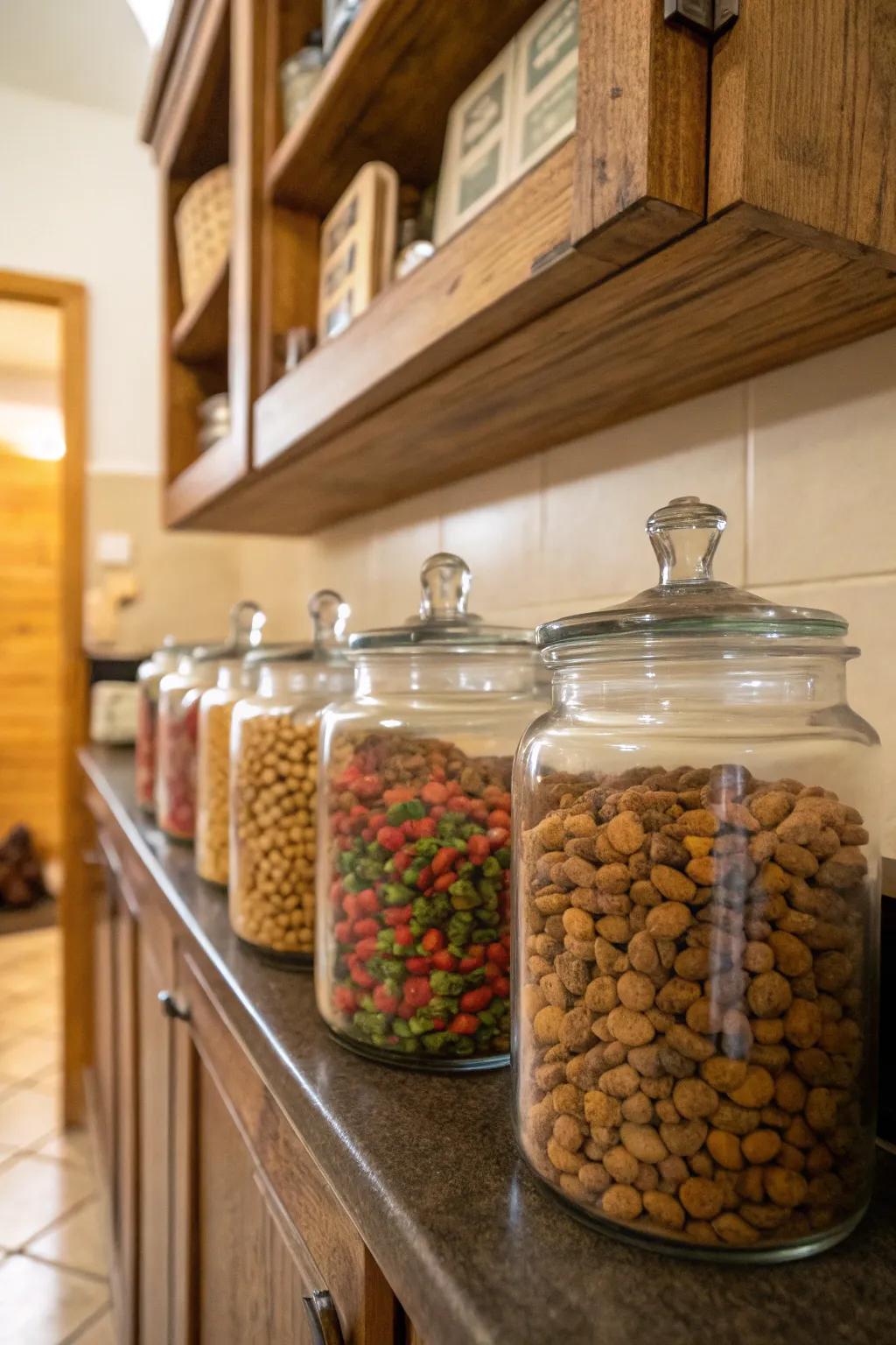 Elegant crystalline vessels applied to stow dry feline feed.