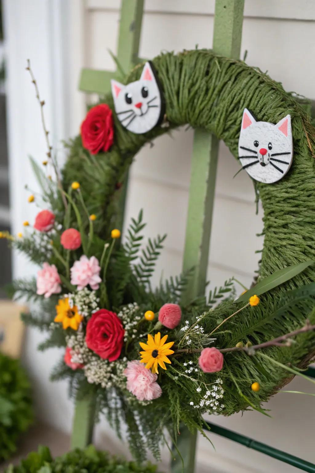 A whimsical chenille stem feline wreath that sparks creativity.