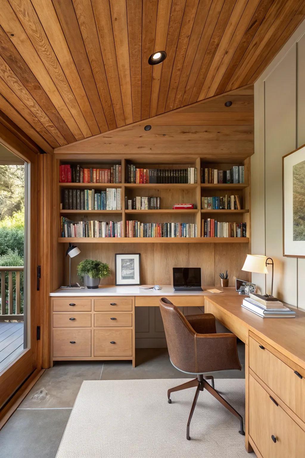 A domestic studio showcasing a timber ceiling for a tranquil work atmosphere.