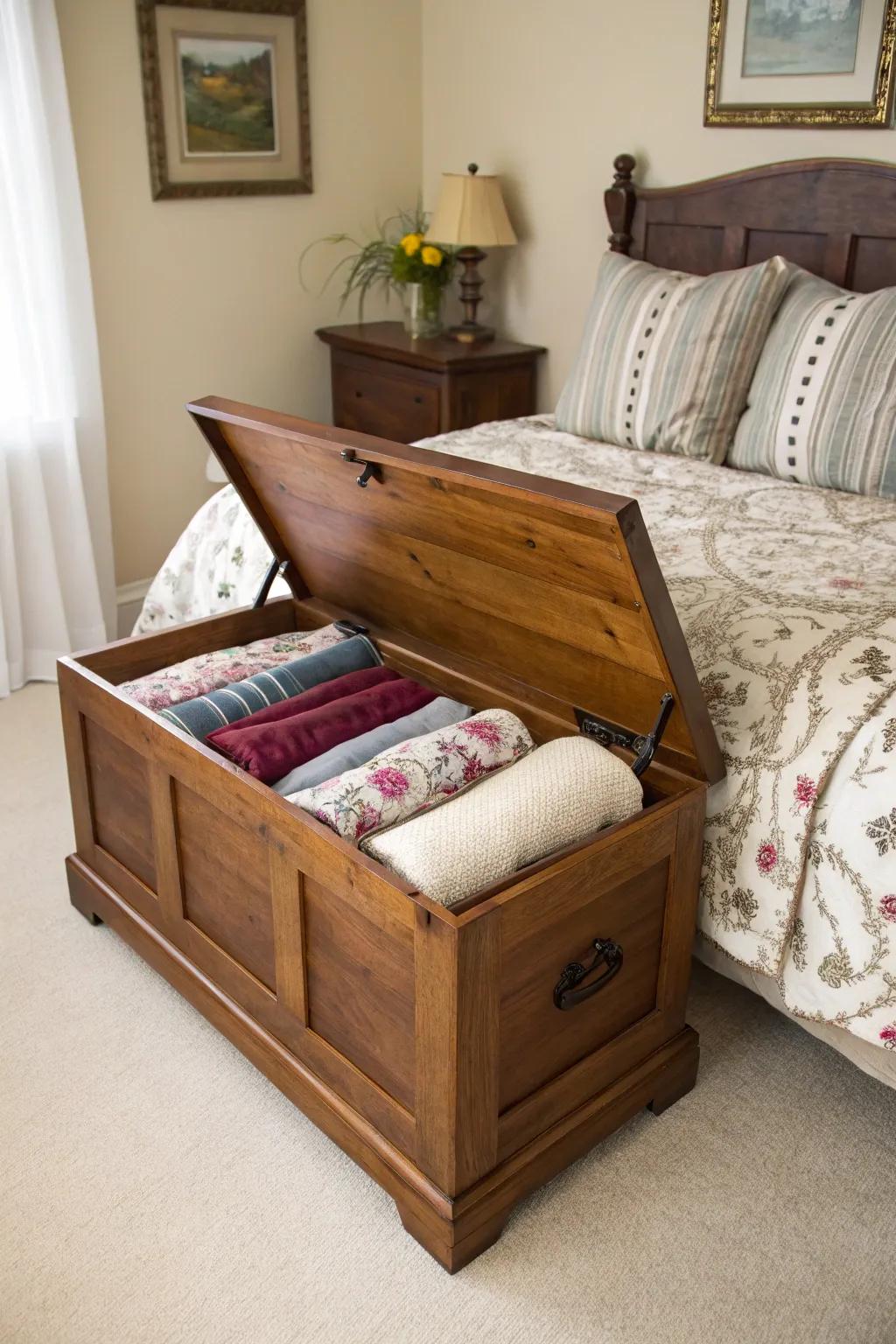 A cedar chest offers chic extra seating in any space.