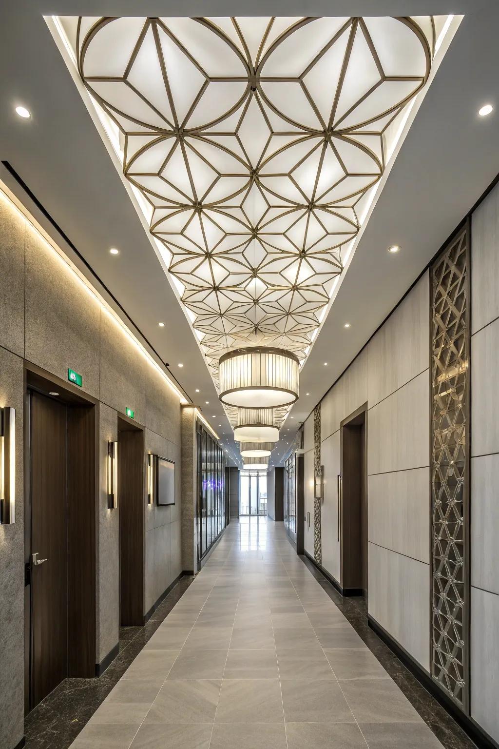 Geometric ceiling panels add modern sophistication.