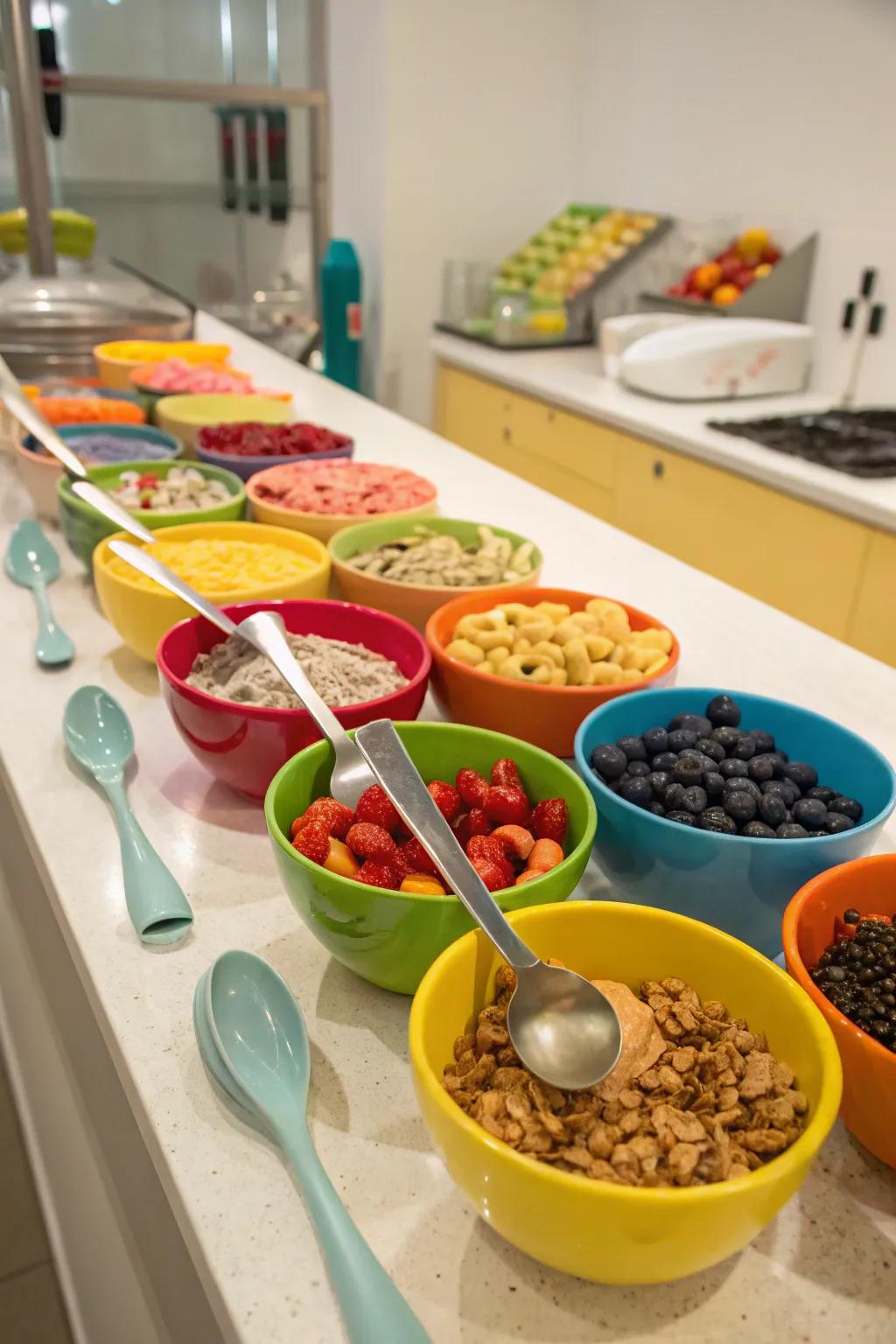 Bright bowls alongside spoons generate cheerful environments.