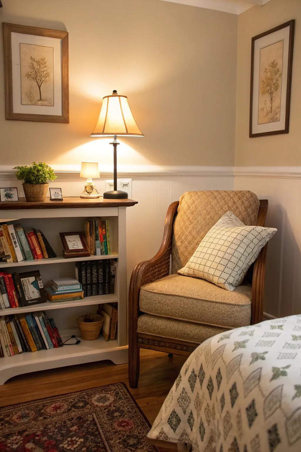 Fashion a serene boudoir haven through a utilitarian shelf.