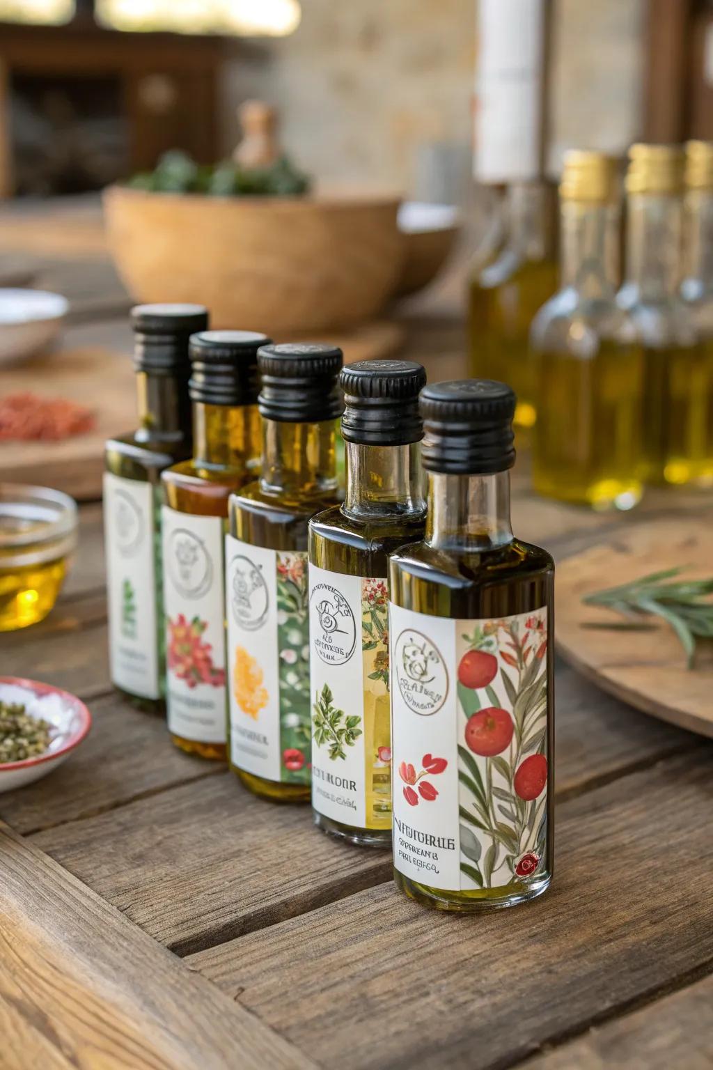 Mini gourmet oil bottles add a gourmet touch to your wedding favors.