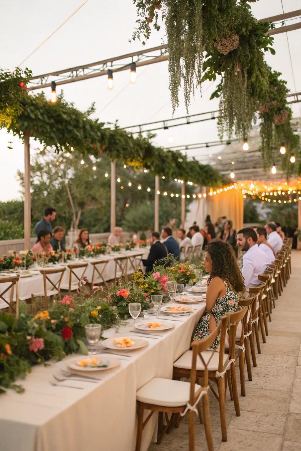 Greenery elegantly enhances long wedding tables.