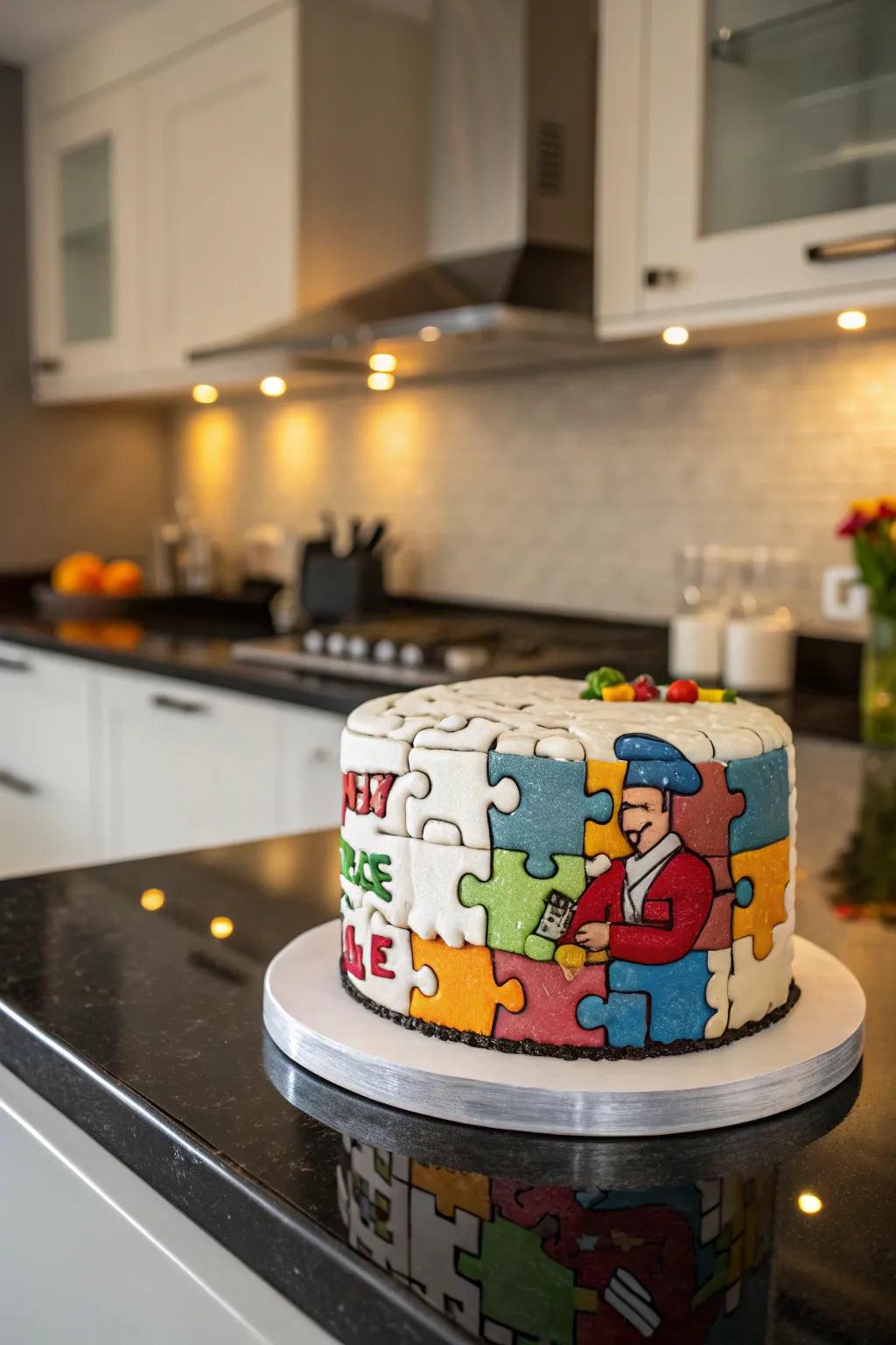 An interactive jigsaw cake with a clever chef-related design.