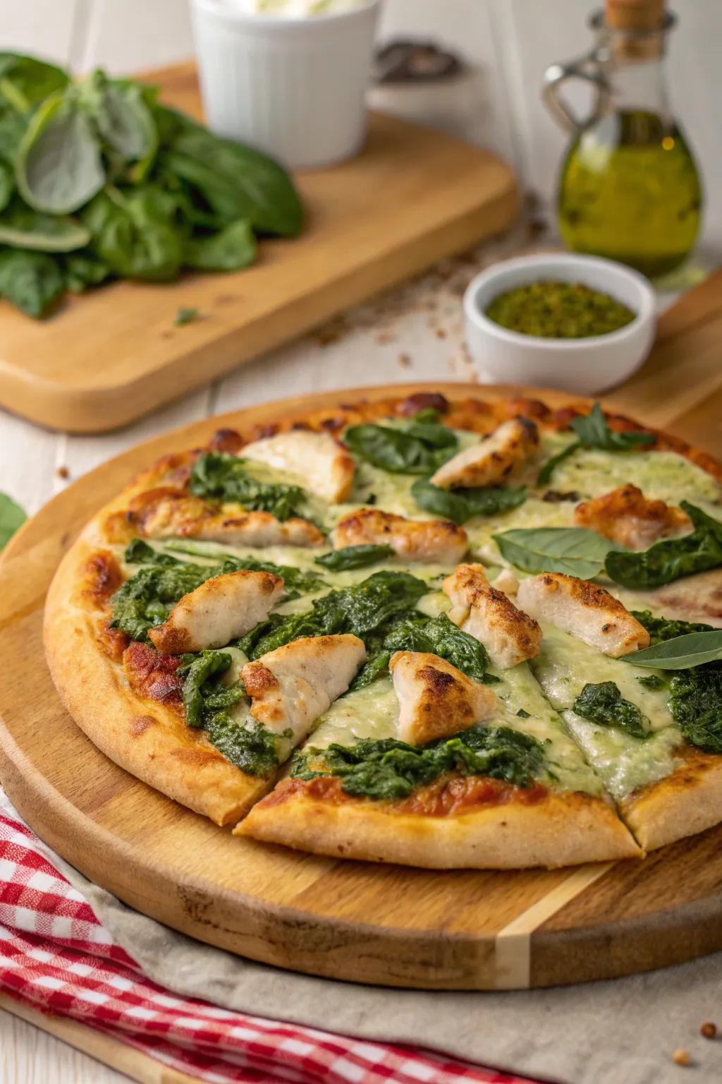 Chicken spinach herbaceous paste flatbread, a bold twist on the classic.