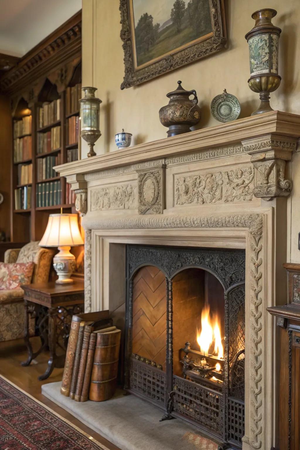 Antique elements surrounding the fireplace introduce historical charm and character.