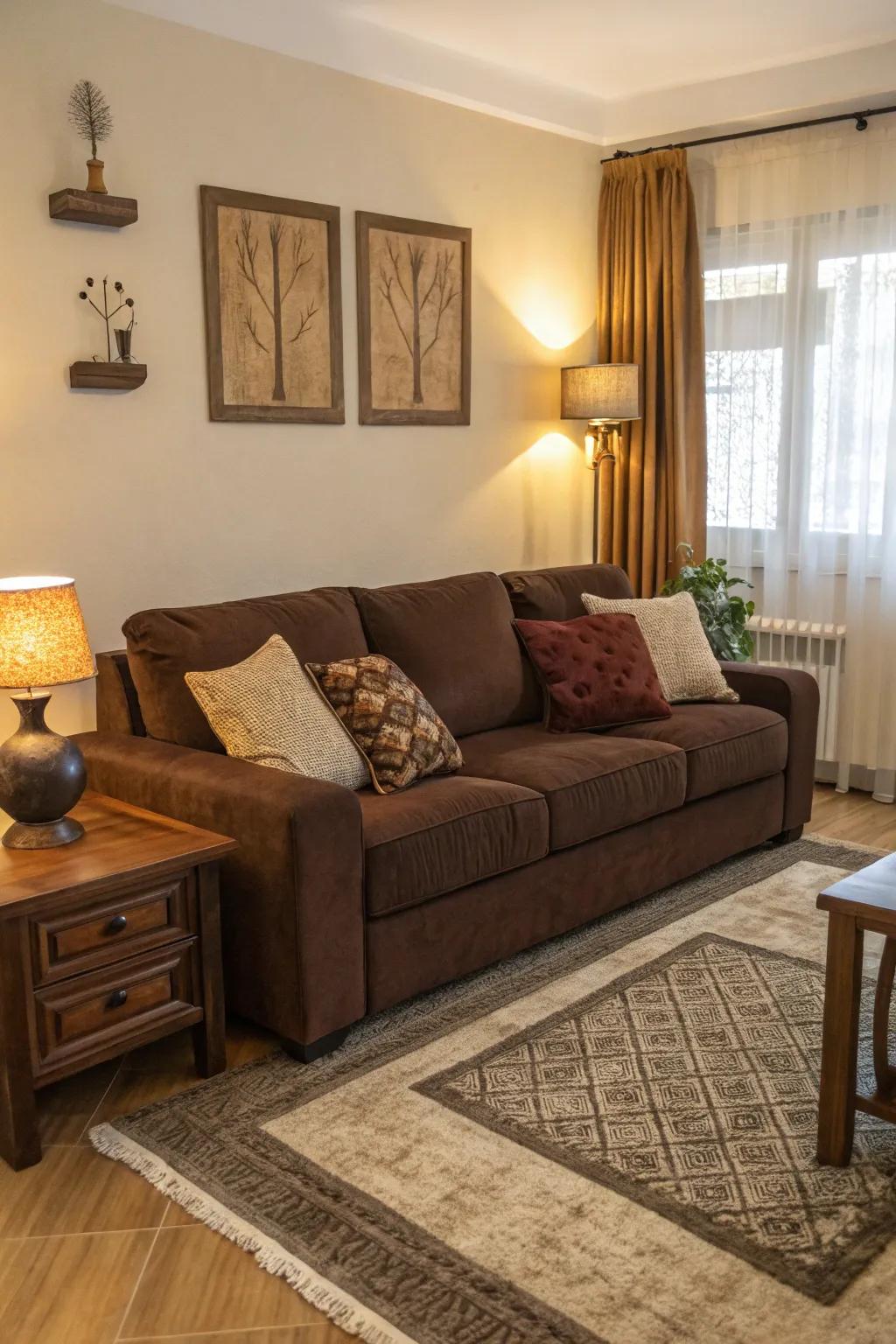 A striking monochromatic palette with various shades of brown enhances the cocoa sofa.
