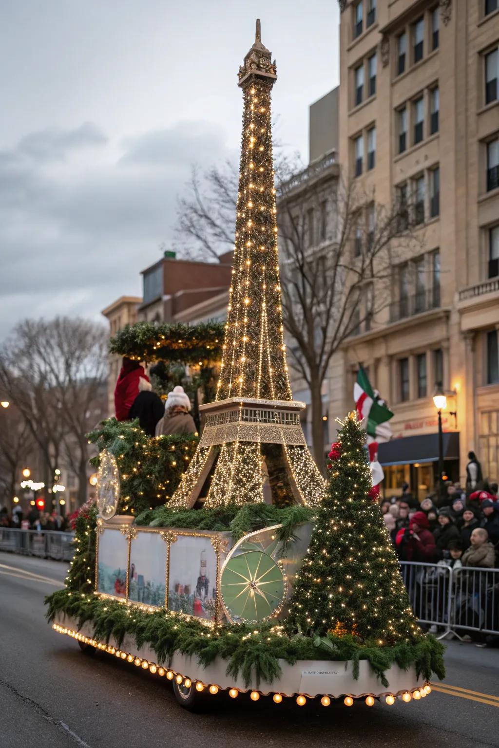French Holiday Chic float with chic decor and tower.