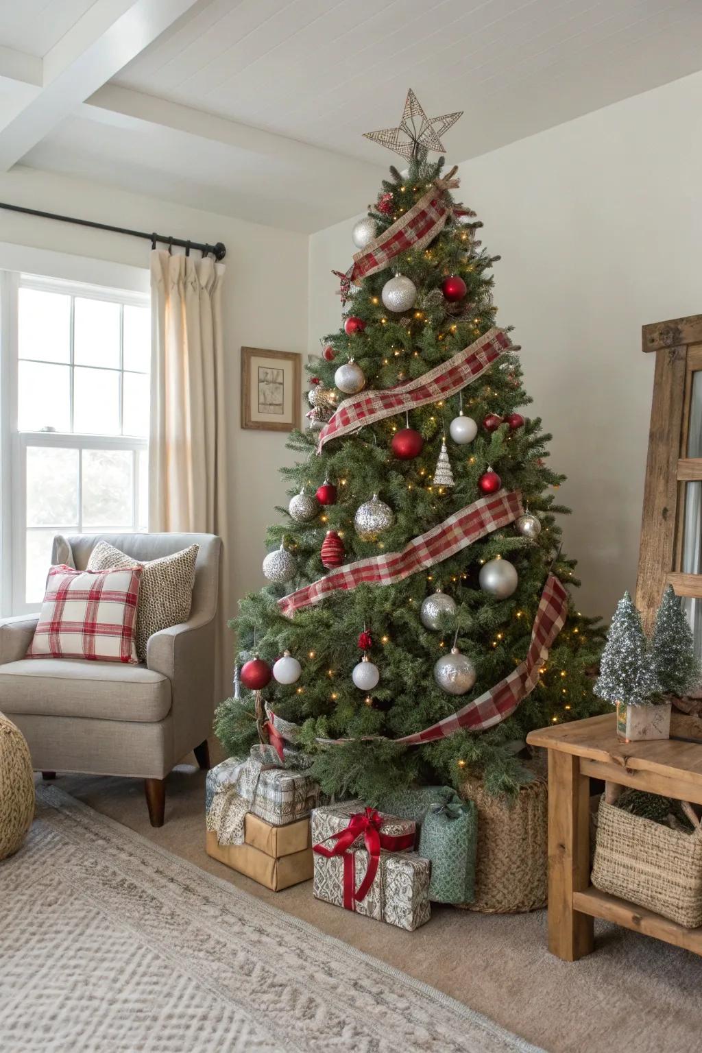 A farmhouse refinement Christmas bauble tree featuring rustic and stylish components.