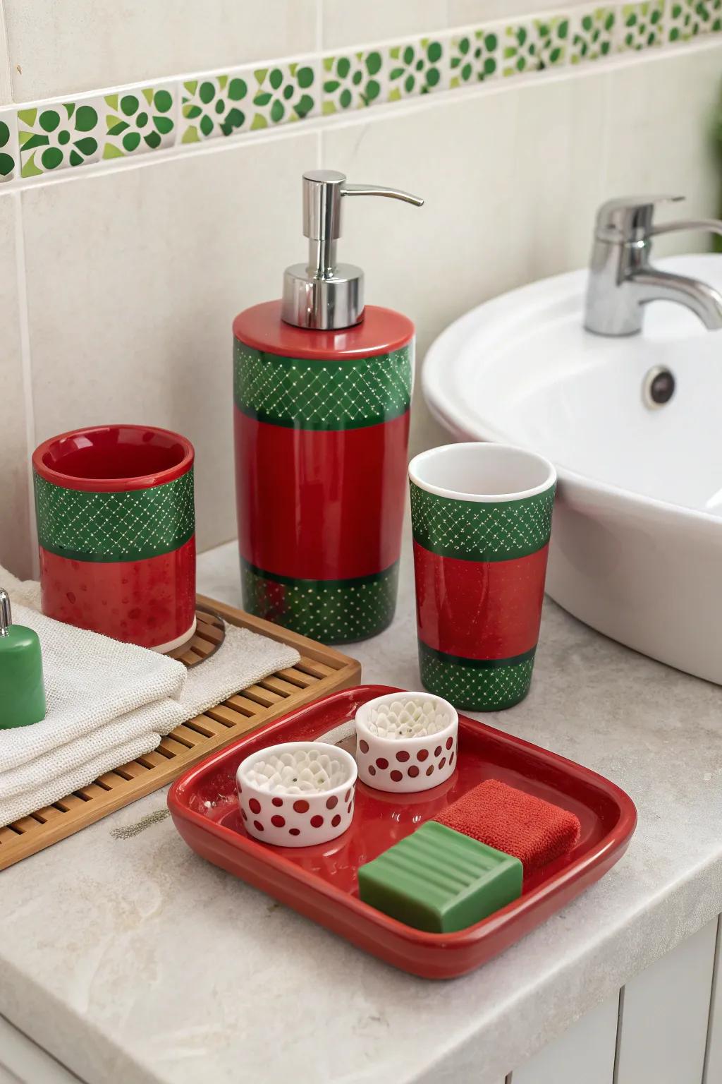 Crimson and emerald touches subtly enhance the holiday theme.