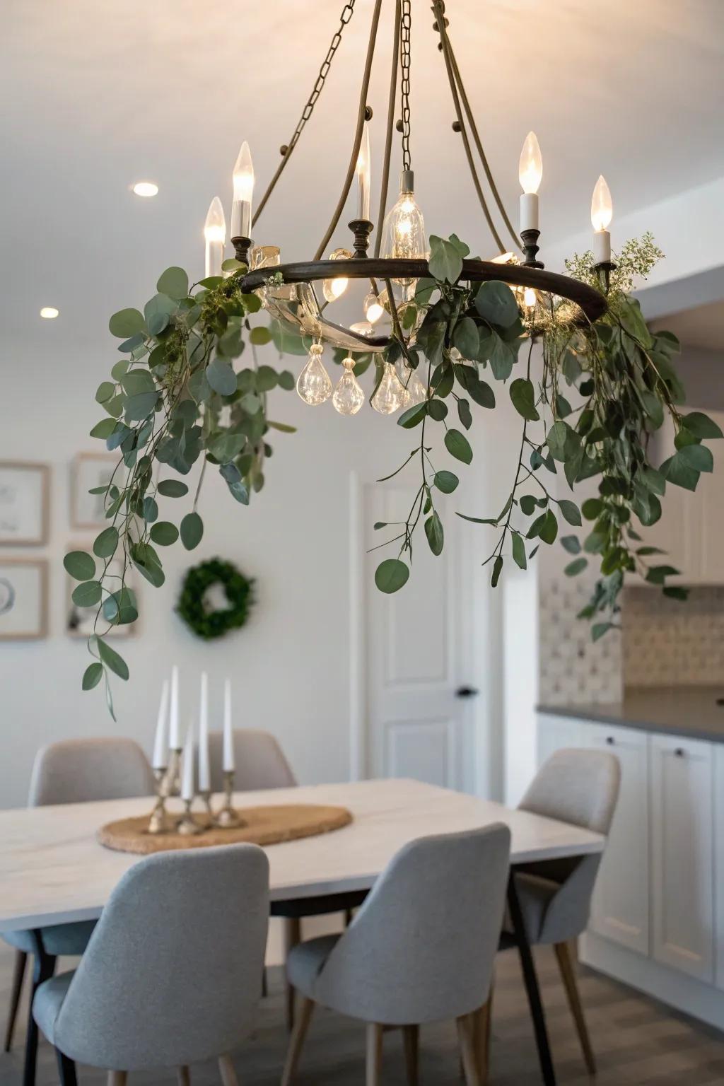 Eucalyptus foliage proffers a chic and subtle ornamentation for chandeliers.