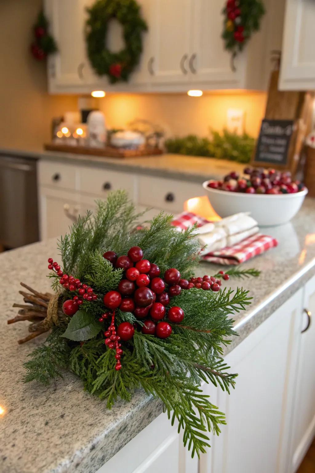 A distinctive Christmas posy accented with cranberries and verdure.