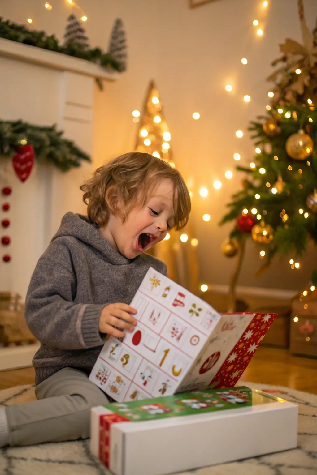 The thrill of anticipation captured as a child reveals an advent calendar in a celebratory atmosphere.