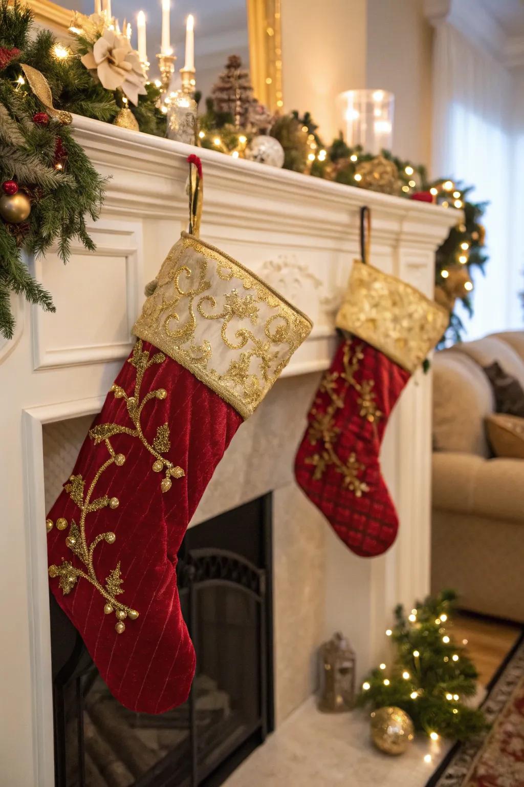 Gold accents add a touch of luxury to holiday stockings.