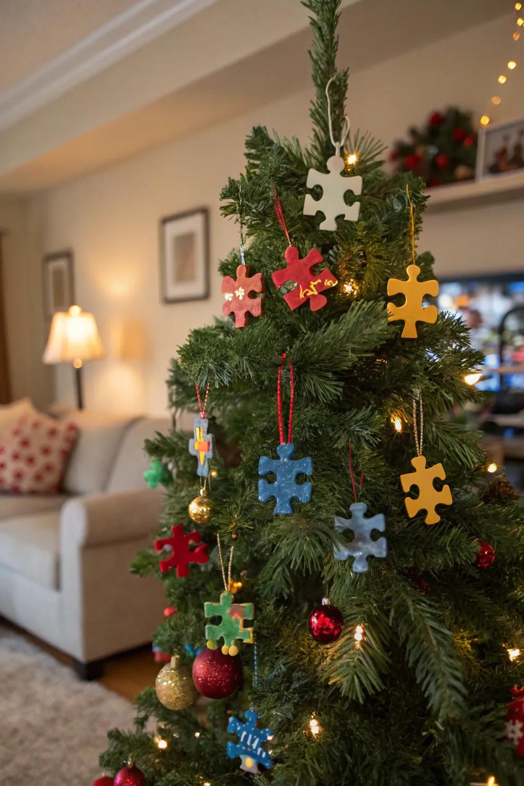 A Christmas tree featuring creative jigsaw ornaments.