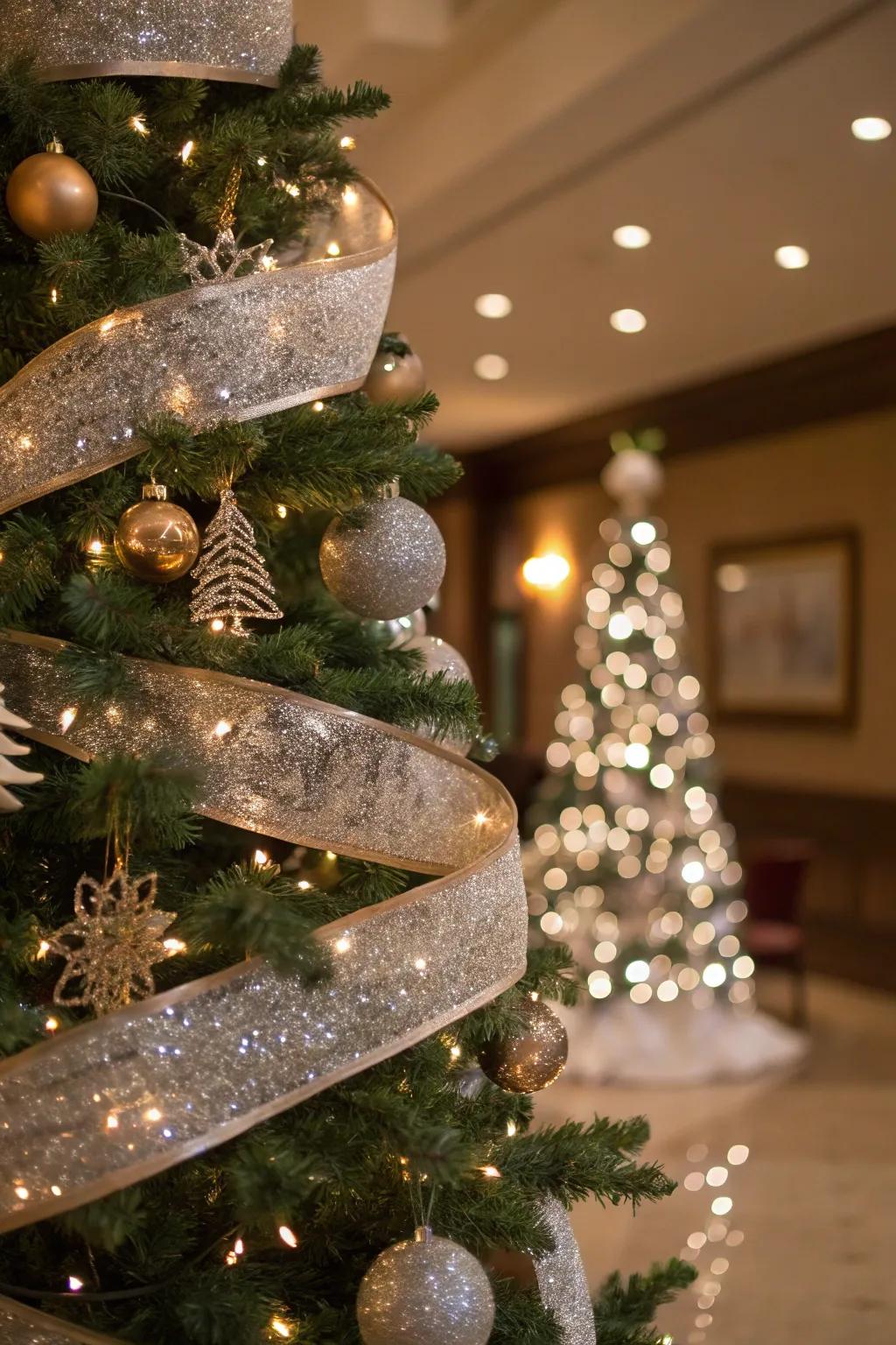 A Christmas tree with shimmering wraps, radiating brilliantly with a glamorous detail.