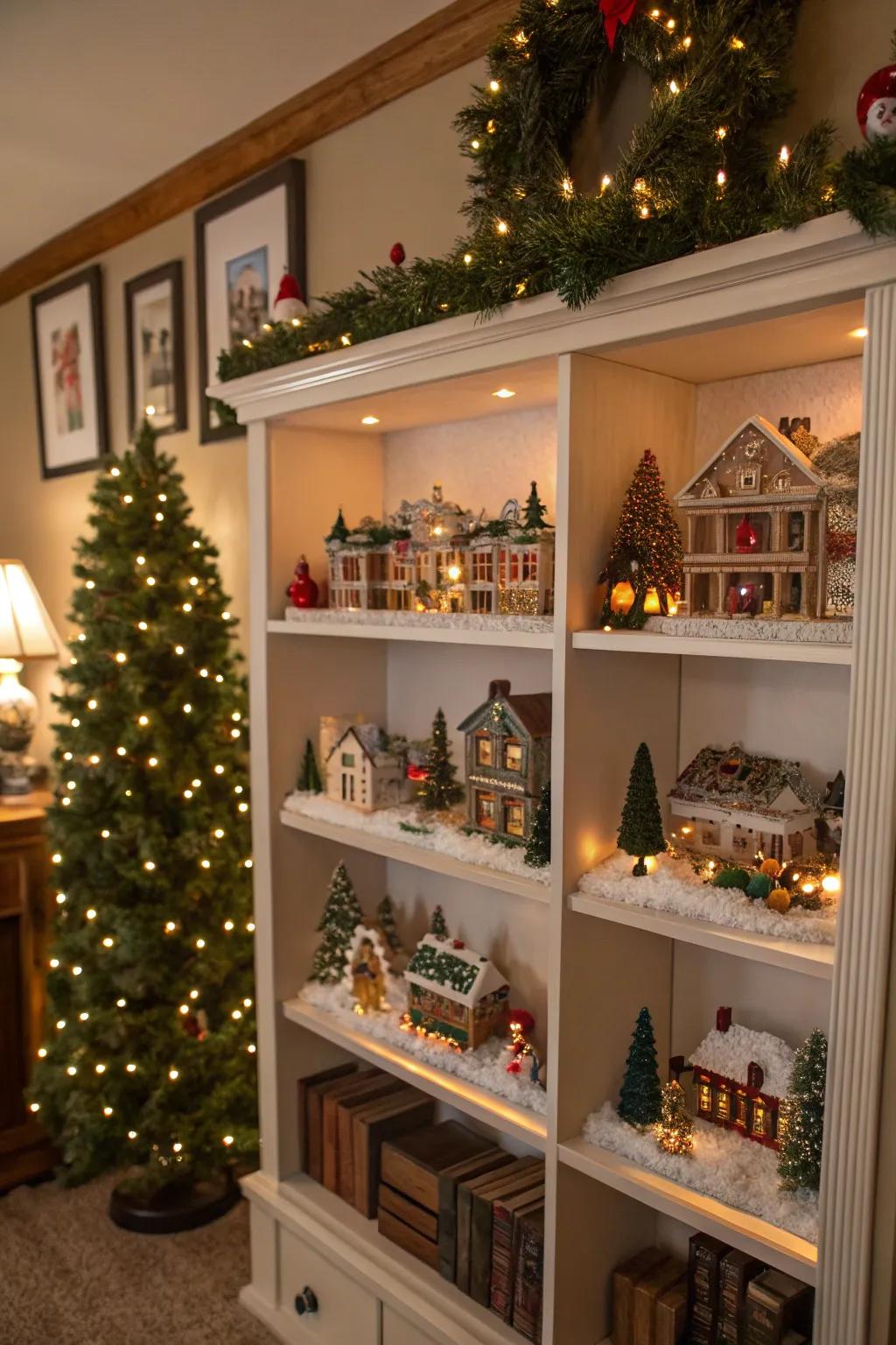 A book rack furnishes a snug, layered exhibition for your Christmas village.
