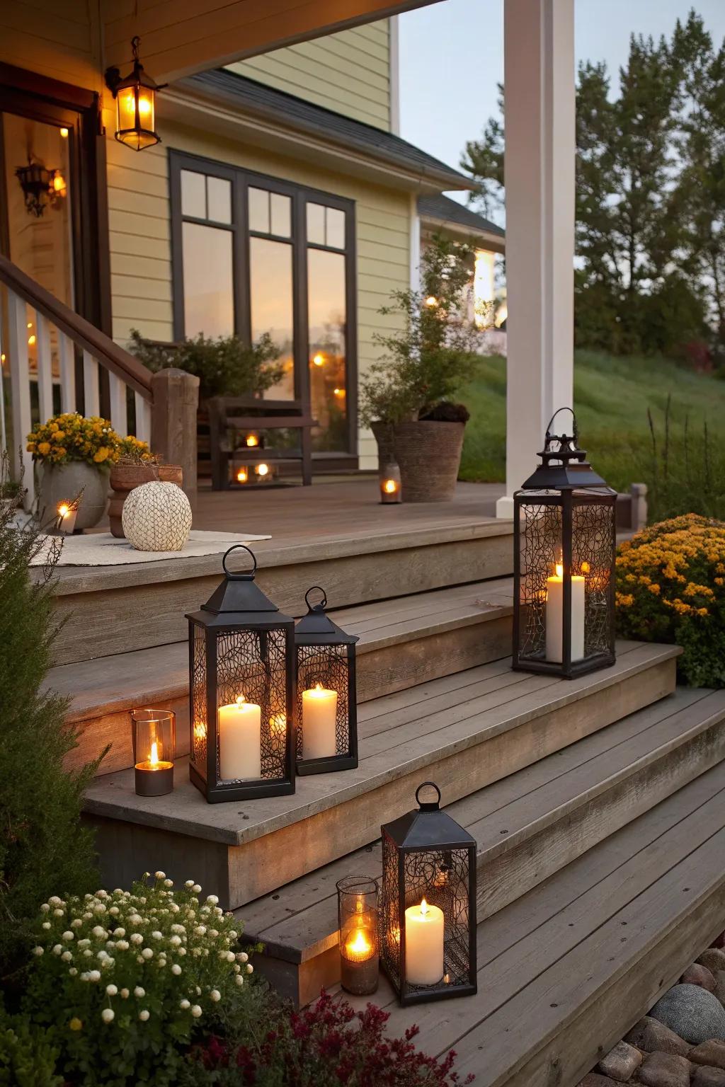 Porch steps ornamented with beacons and flicker-safe dips.