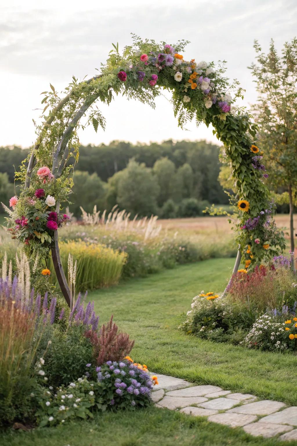 A garden-fresh circle arch featuring wildflowers and herbs.