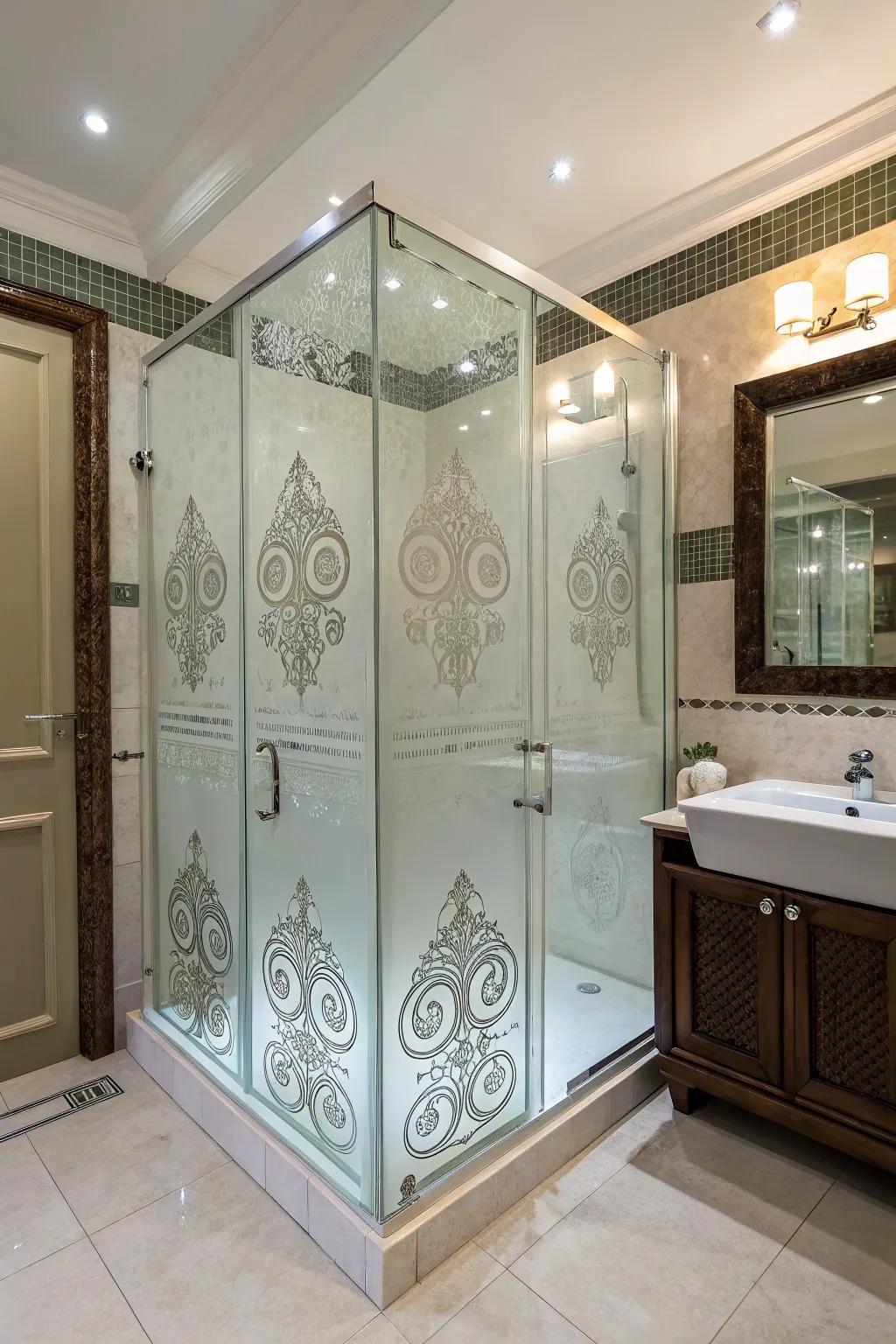 A statement shower stall with elaborate glass artistry.