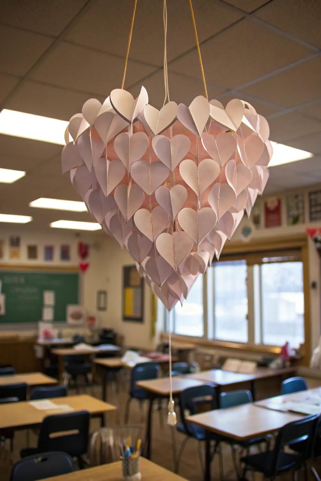 Attention-grabbing paper cardiac chandelier serving as a centerpiece.