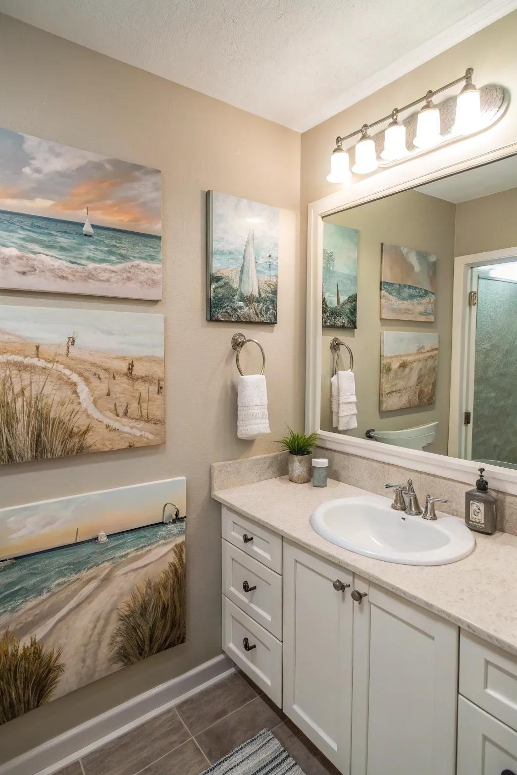 A bathroom with coastal-inspired art that evokes the peace of the sea.