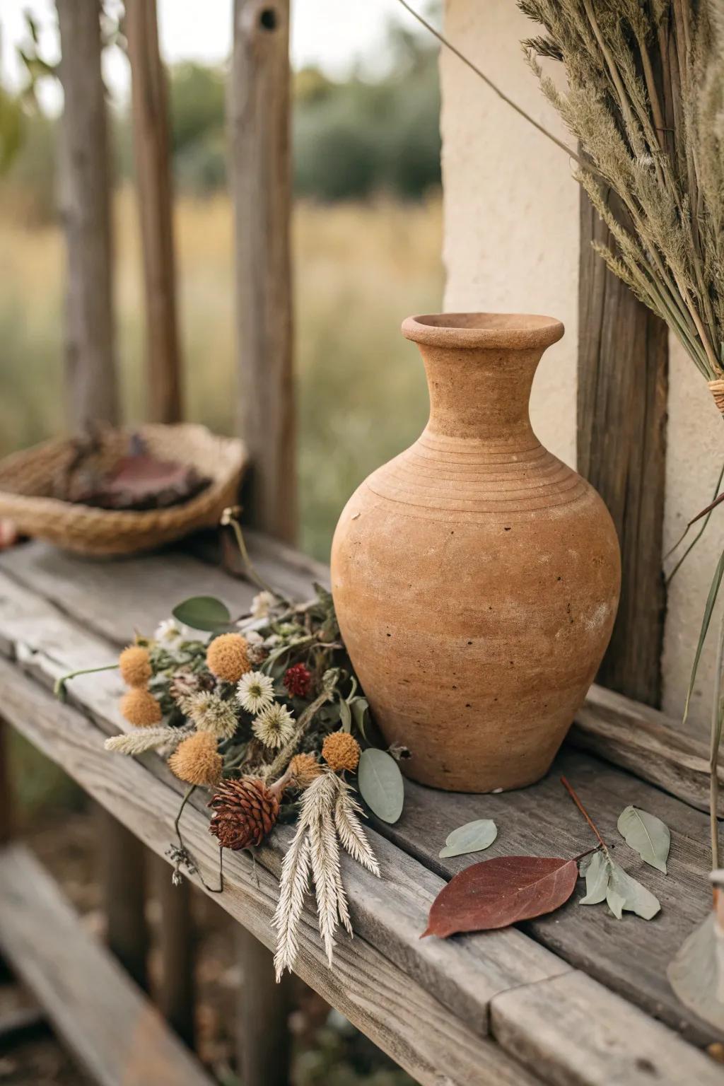 A terracotta earthenware vase adding organic warmth to a comfortable setting.