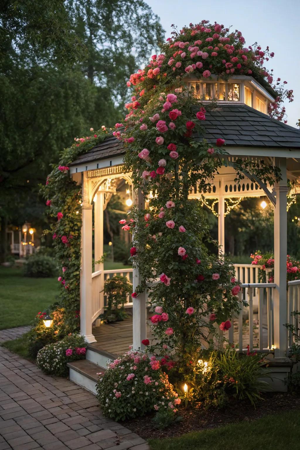 Forge a whimsical setting with a rose-draped gazebo.