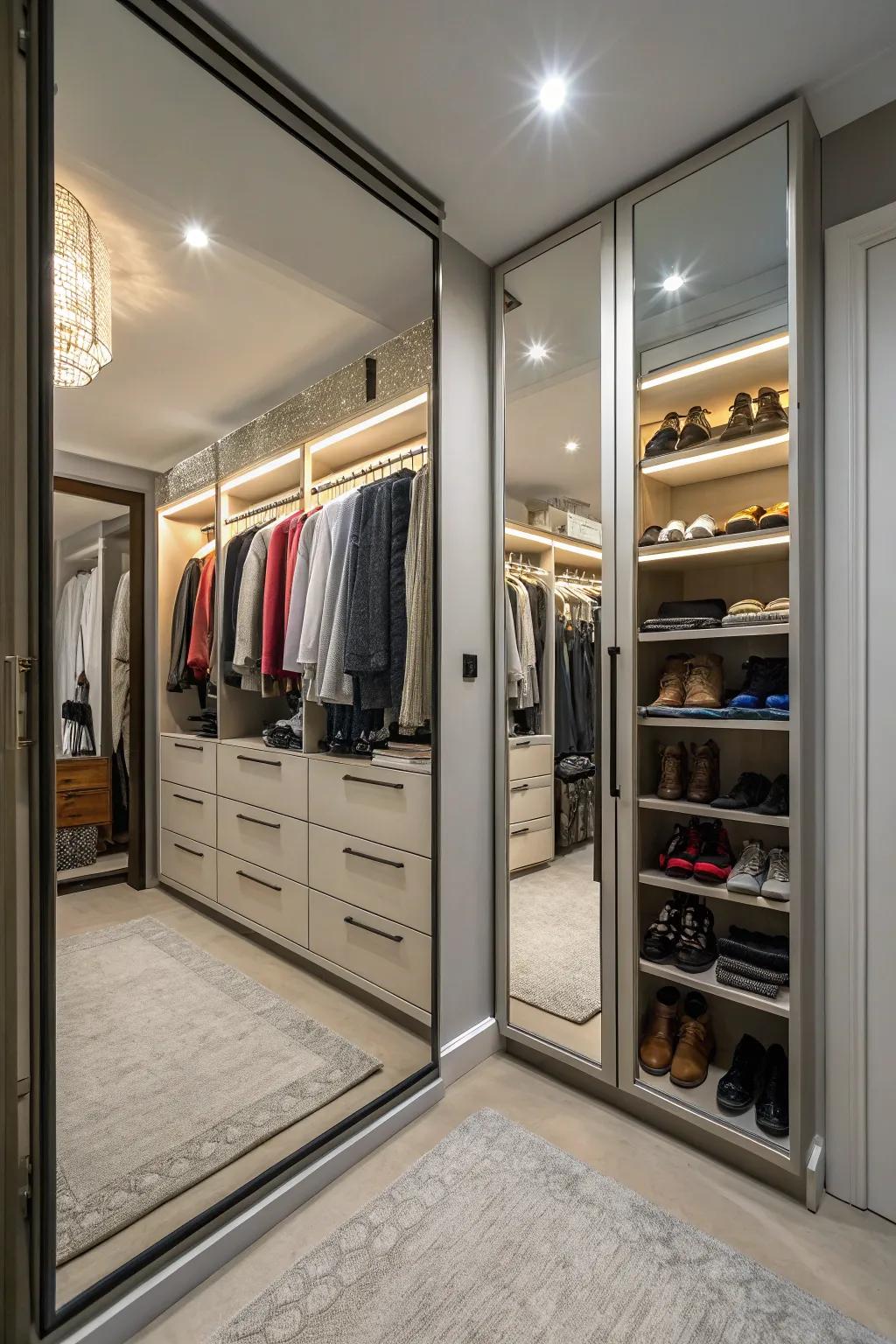 Mirrors increase light and space in your open closet.