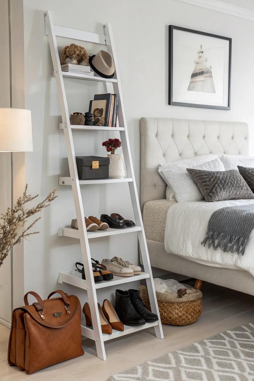 Leaning ladder shelves are stylish and efficient.