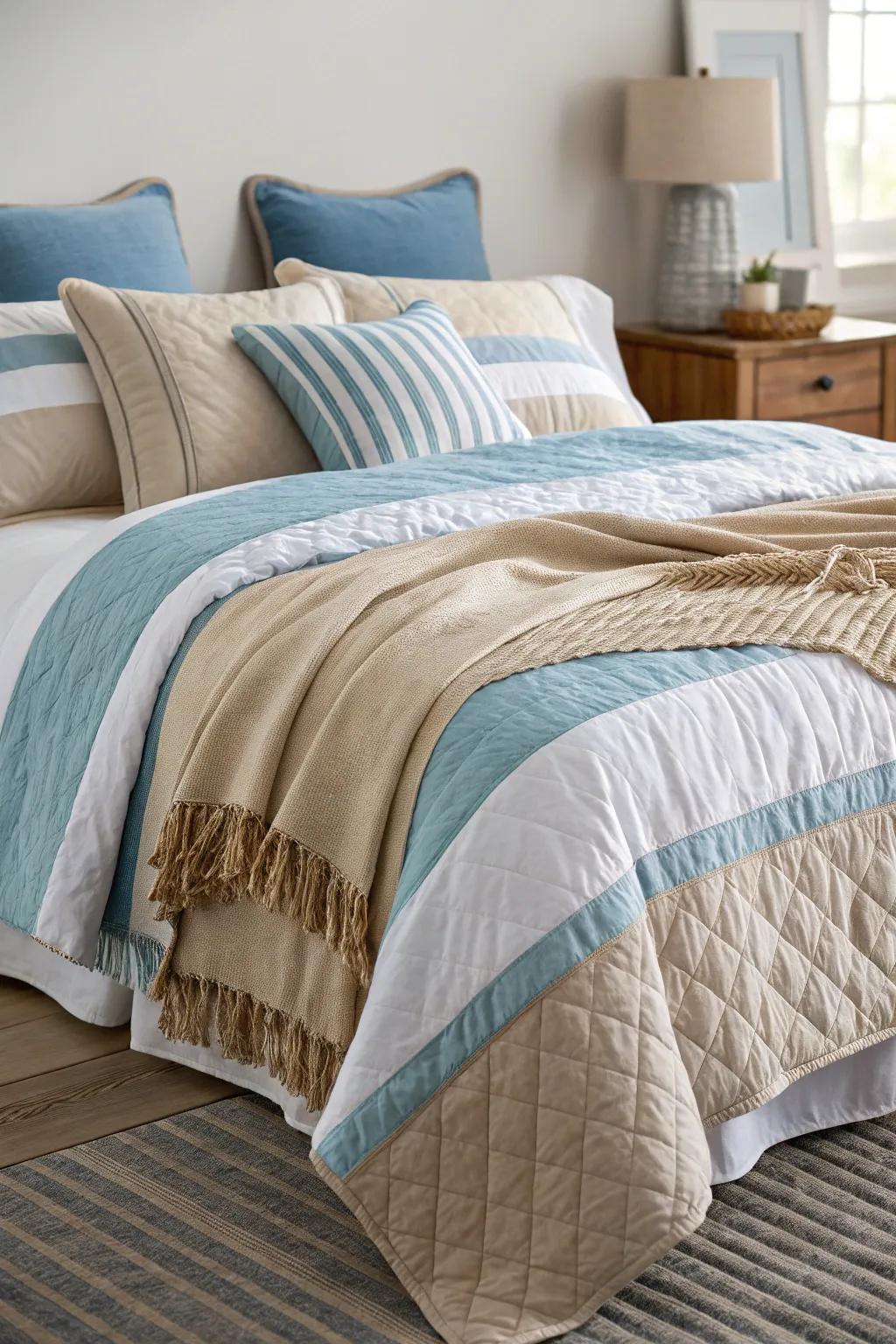 Layered bedding adds depth and luxury to the coastal aesthetic.