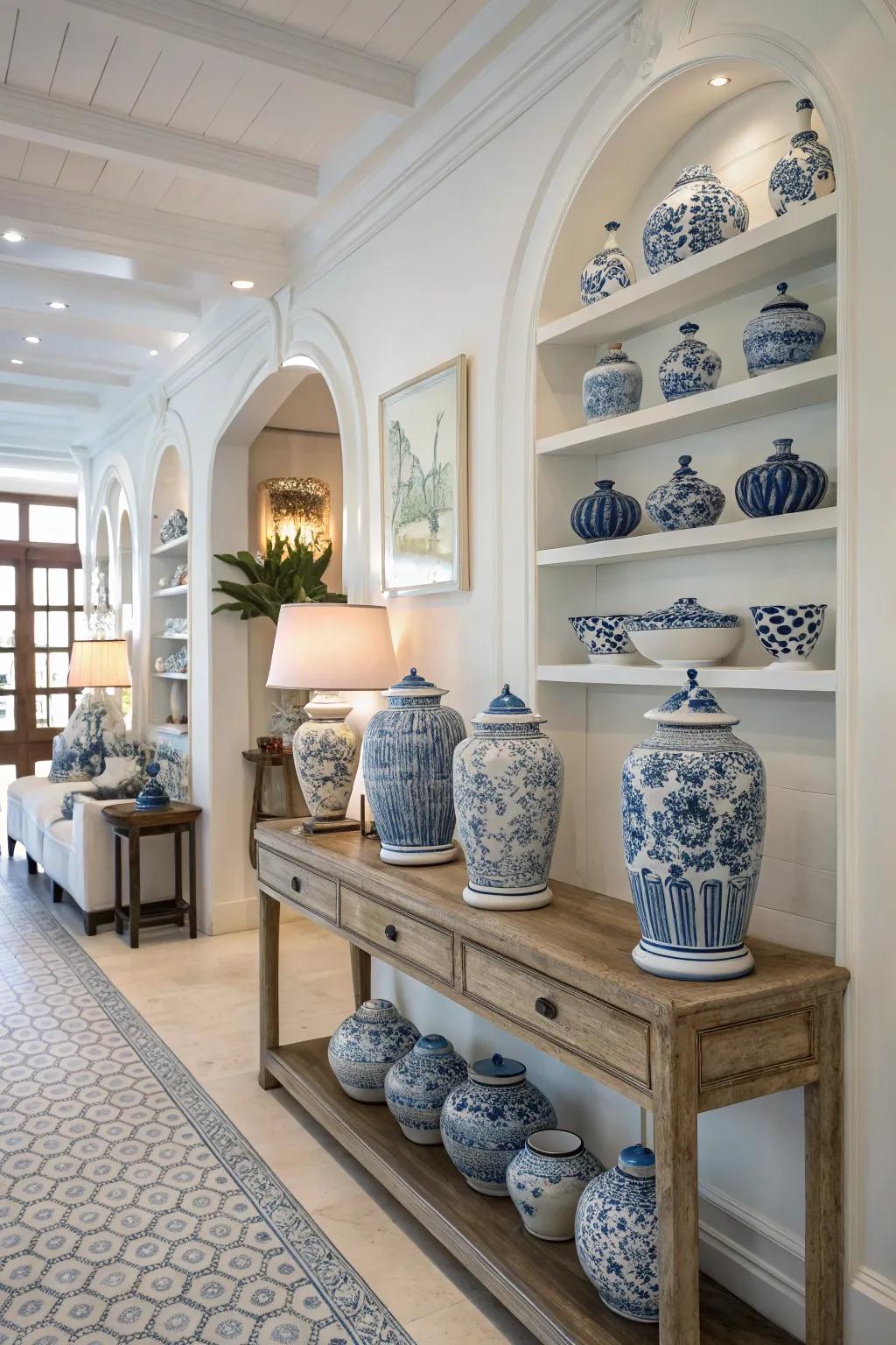 Chinoiserie features introduce sophistication to coastal decor.