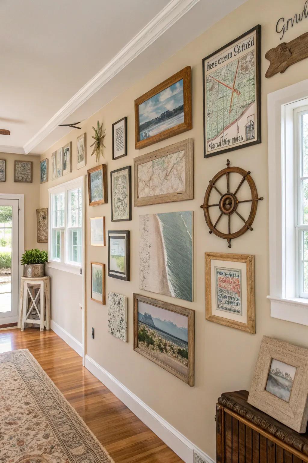 Mix-and-match art pieces personalize and enhance coastal farmhouse spaces.