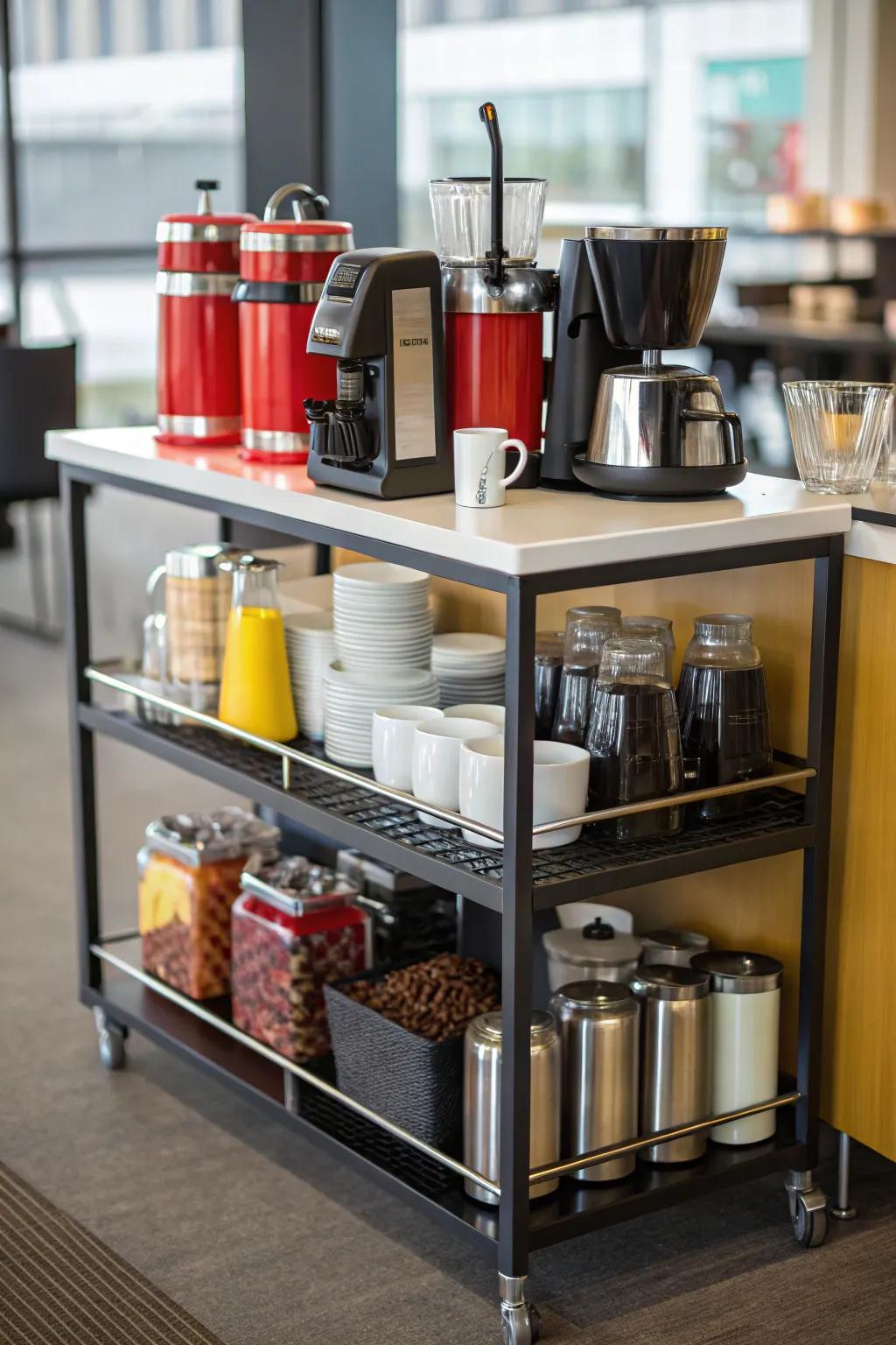 A serving cart provides mobility and adaptability for your coffee and tea station.