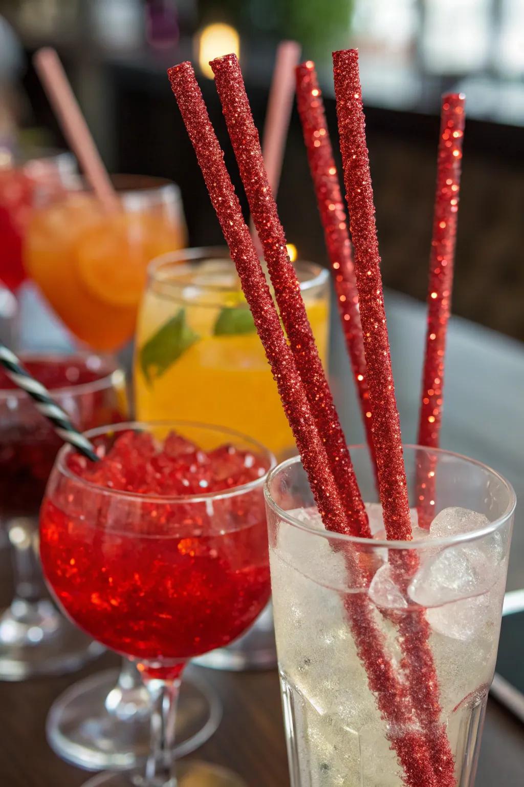 Sparkling crimson glitz stir sticks adding fun to beverages.