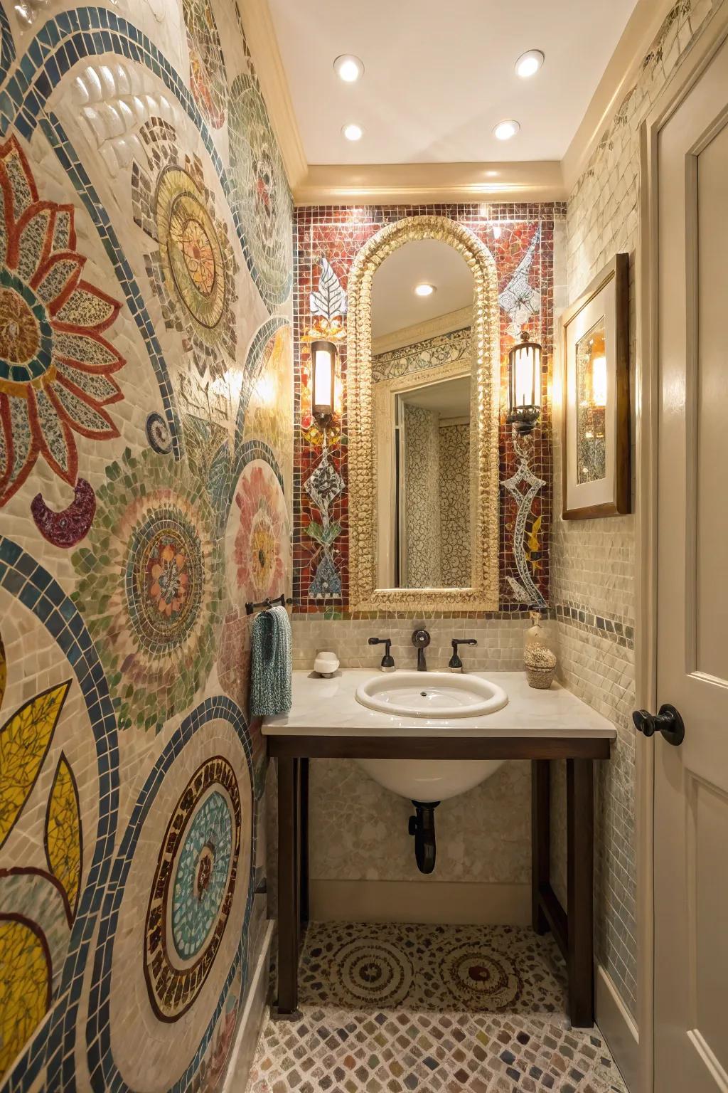Artistic mosaic bricks add a creative touch to this guest bathroom.